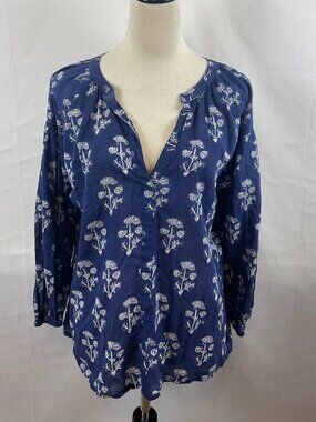 Lola Australia Blouse L Blue White Floral V-Neck Long Sleeve